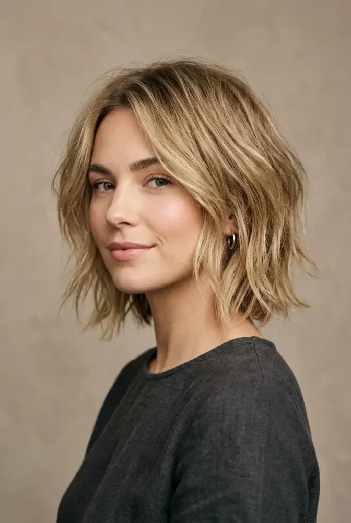 Choppy layered bob haircut with textured ends