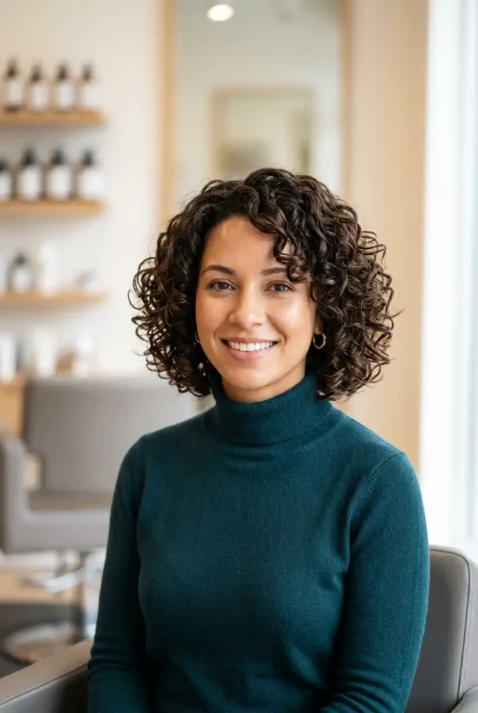 Curly layered bob haircut with defined curls