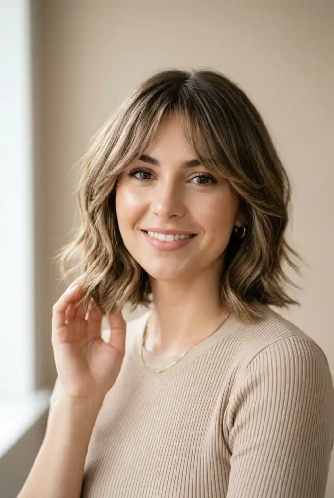 Layered bob with curtain bangs framing the face