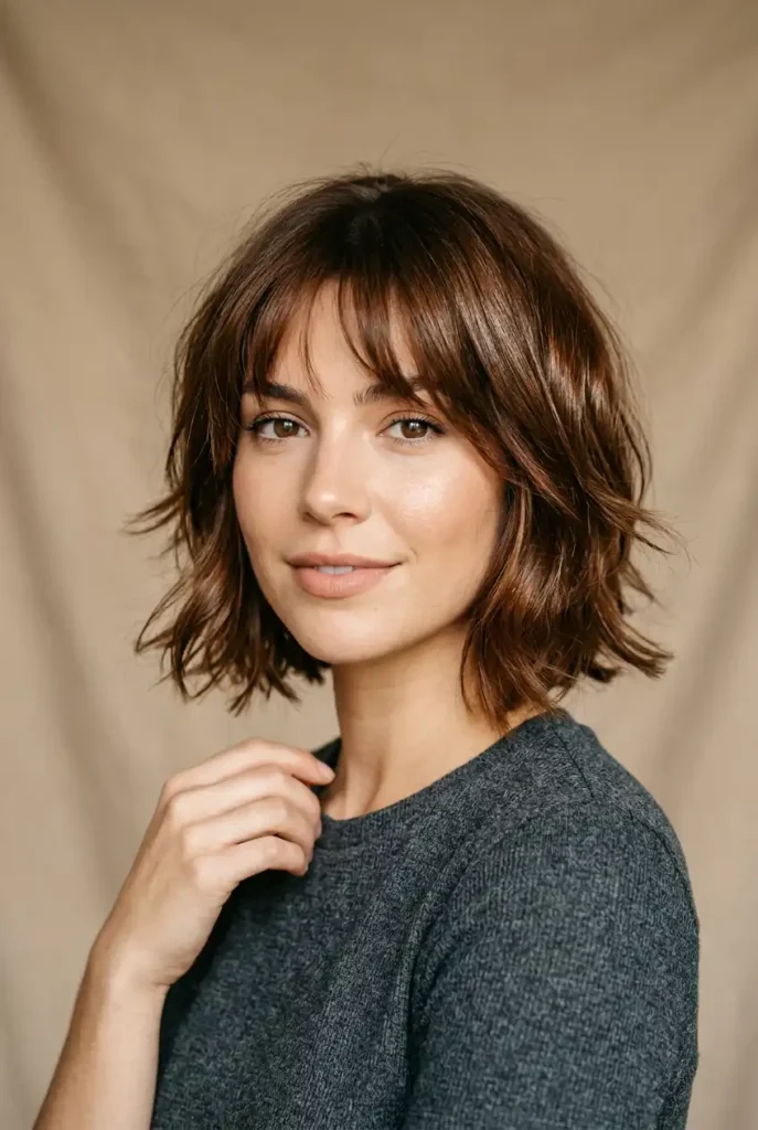 Layered bob haircut with soft fringe