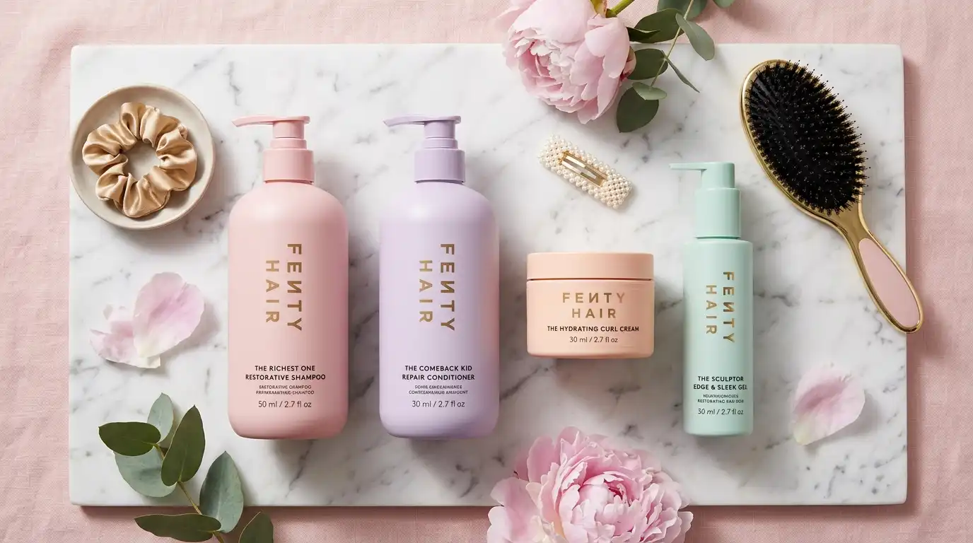 Fenty Hair complete product collection by Rihanna on marble background