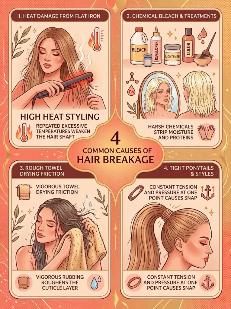 Main causes of hair breakage including heat damage chemical treatment rough handling and tight hairstyles