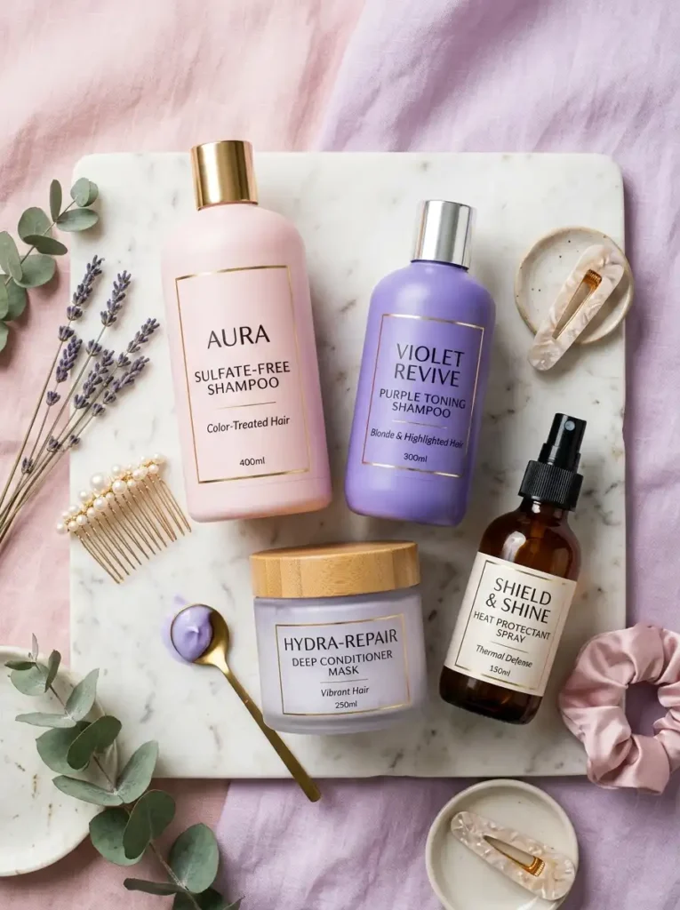 Hair care products to maintain honey blonde hair dye including sulfate-free shampoo and toning shampoo
