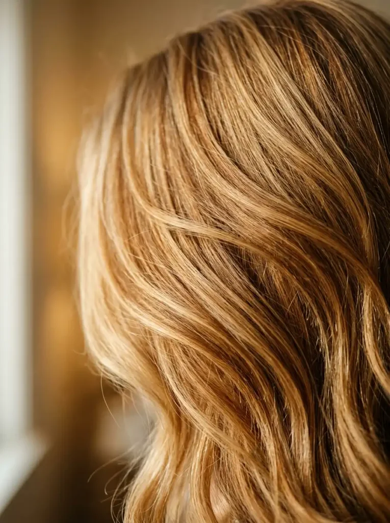 Close-up of honey blonde hair dye showing golden amber and caramel warm tones
