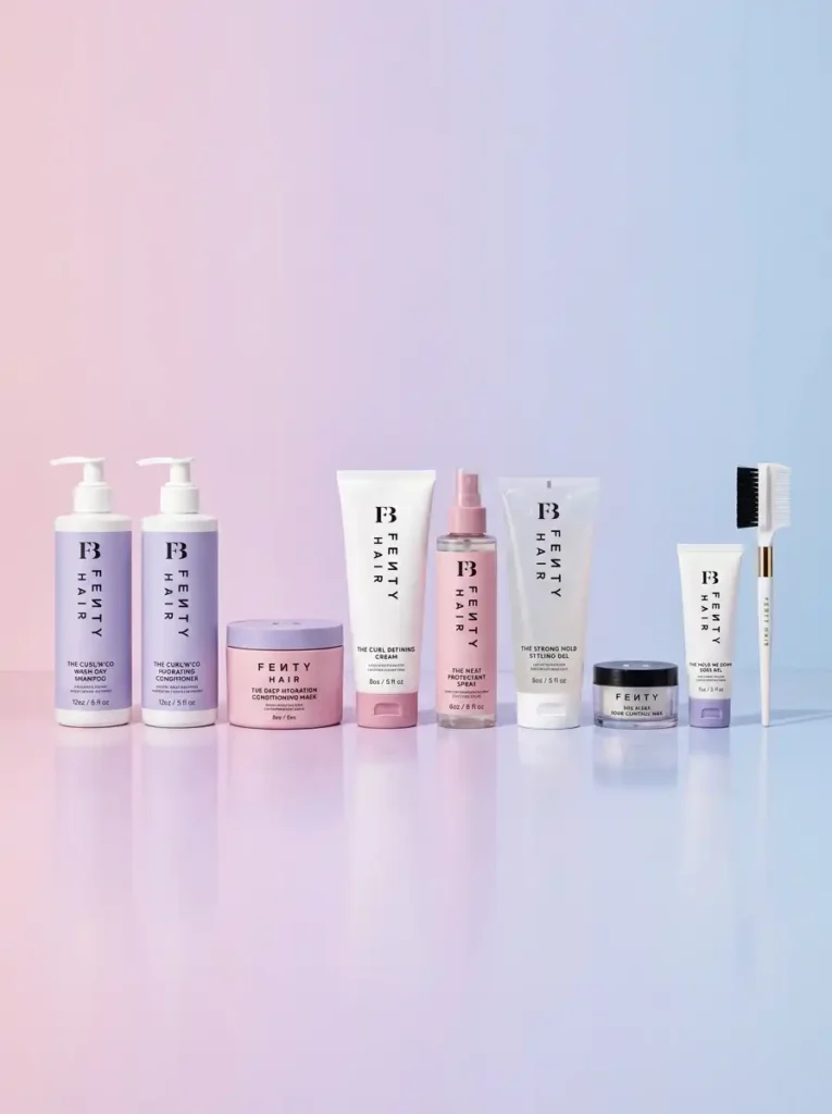 Full Fenty Hair product lineup including shampoo, conditioner, curl cream, gel and edge control
