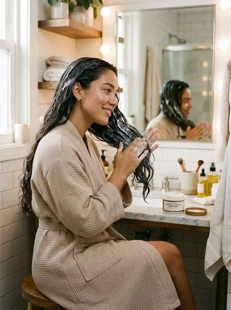 Woman applying deep conditioning treatment to repair hair breakage and restore moisture to brittle strands