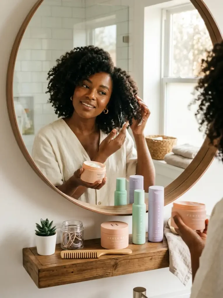 Woman incorporating Fenty Hair products into her weekly hair care routine

