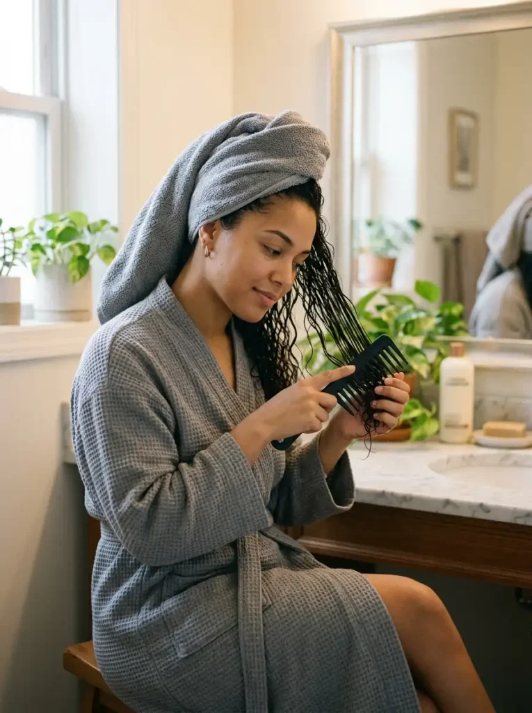 Woman gently detangling wet hair with wide tooth comb to prevent hair breakage and damage