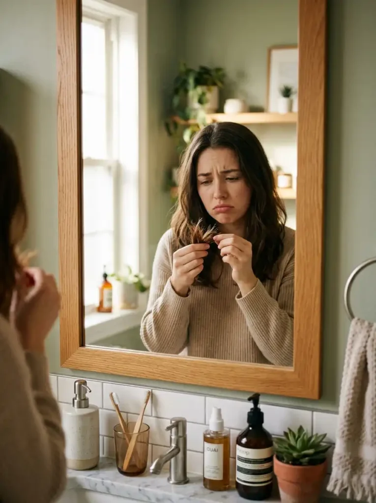 Woman examining hair breakage and split ends in mirror showing signs of brittle damaged hair