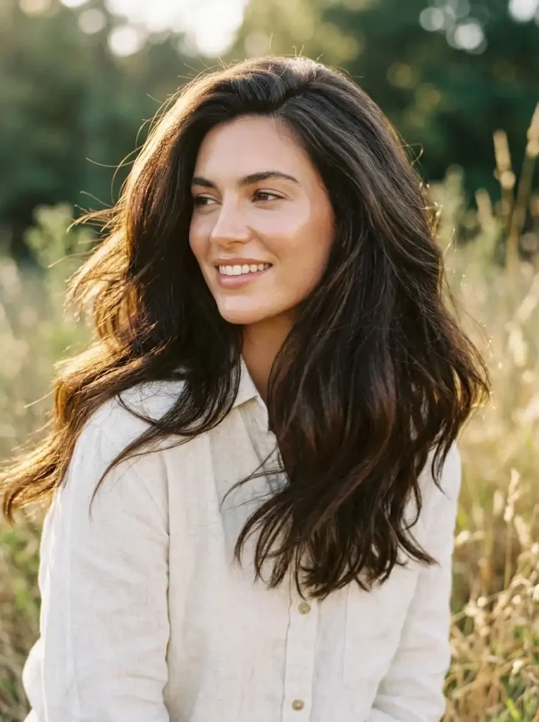 Woman with strong healthy hair after treating hair breakage with proper care routine and sulfate free products