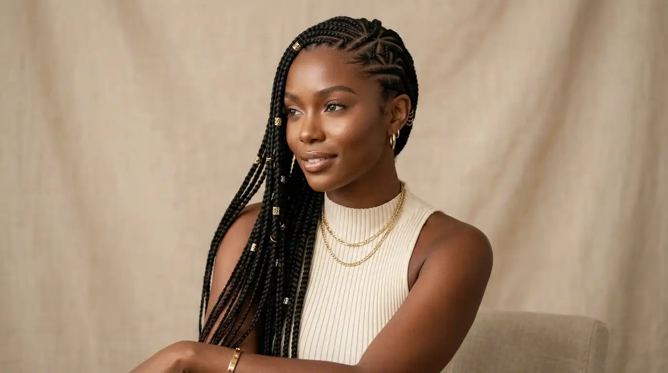 The ultimate guide to tribal braids hairstyles featuring an elegant Black woman with clean geometric cornrows and gold cuffs