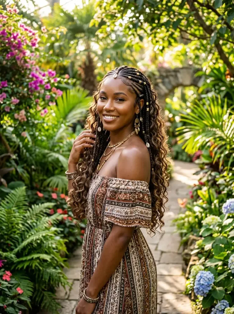 Bohemian fulani braids with knotless plaits and cascading loose curls for a soft romantic summer hairstyle