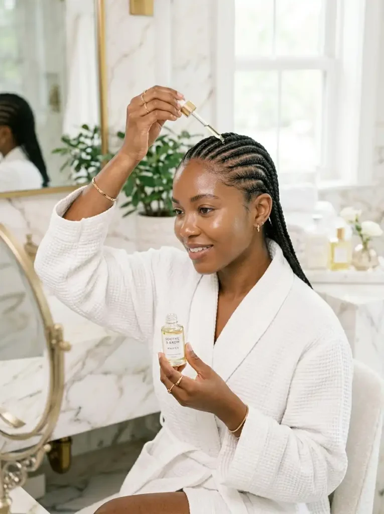 Professional maintenance tips for tribal braids hairstyles showing a woman applying soothing oil to a healthy hydrated scalp
