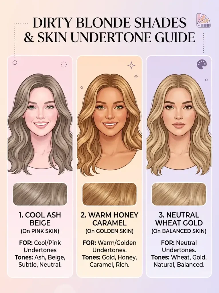 Dirty blonde hair undertone guide showing ash, honey, and wheat shades matched to different skin tones