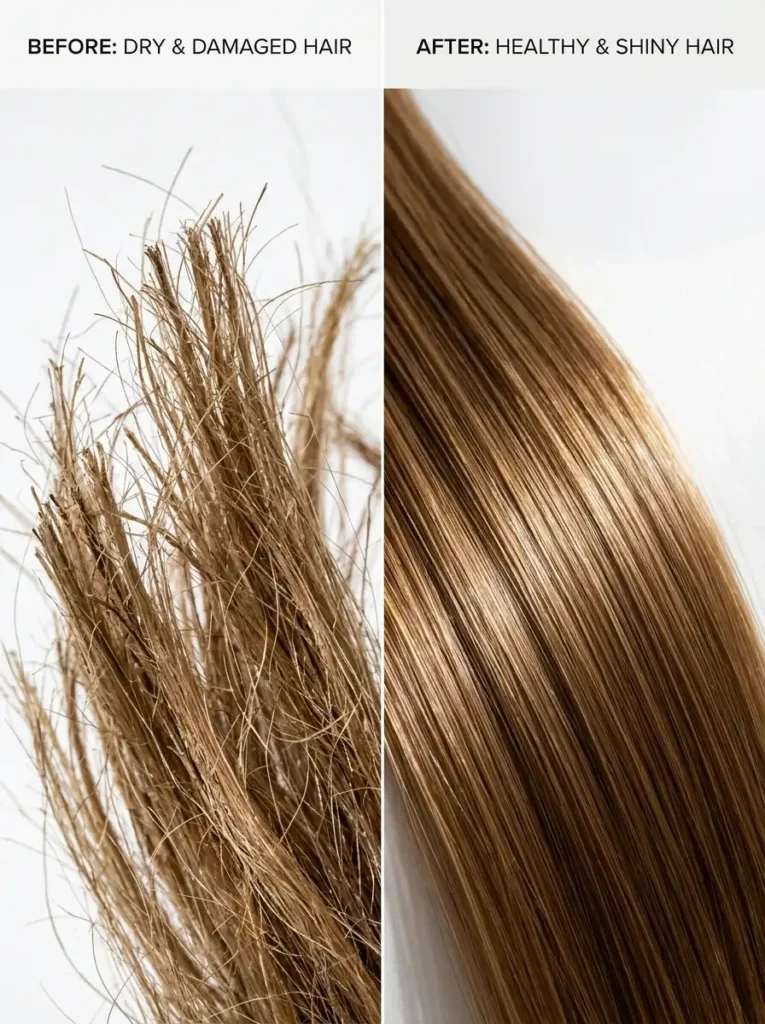 Comparison of weak damaged hair versus strong healthy hair strands
