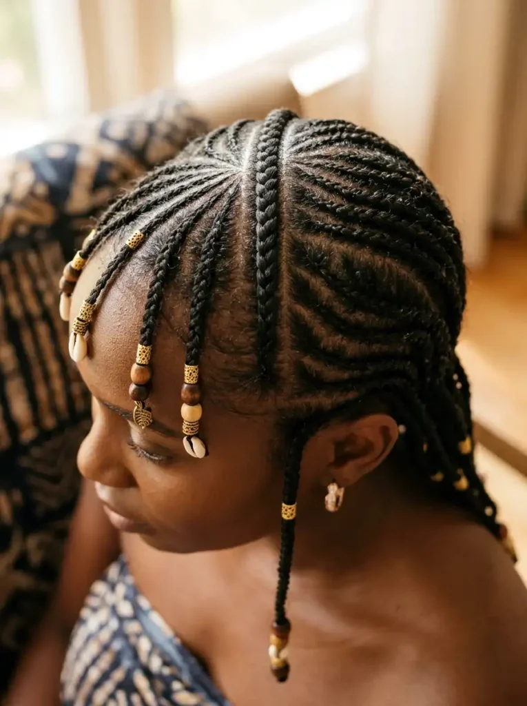Traditional West African fulani braid showcasing a clean center parted cornrow with elegant wooden and gold beads