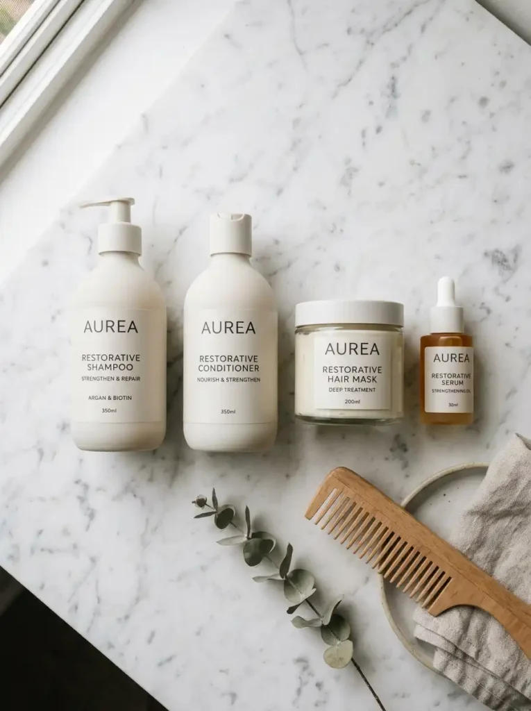 Hair strengthening products flat lay to strengthen hair at home with right ingredients