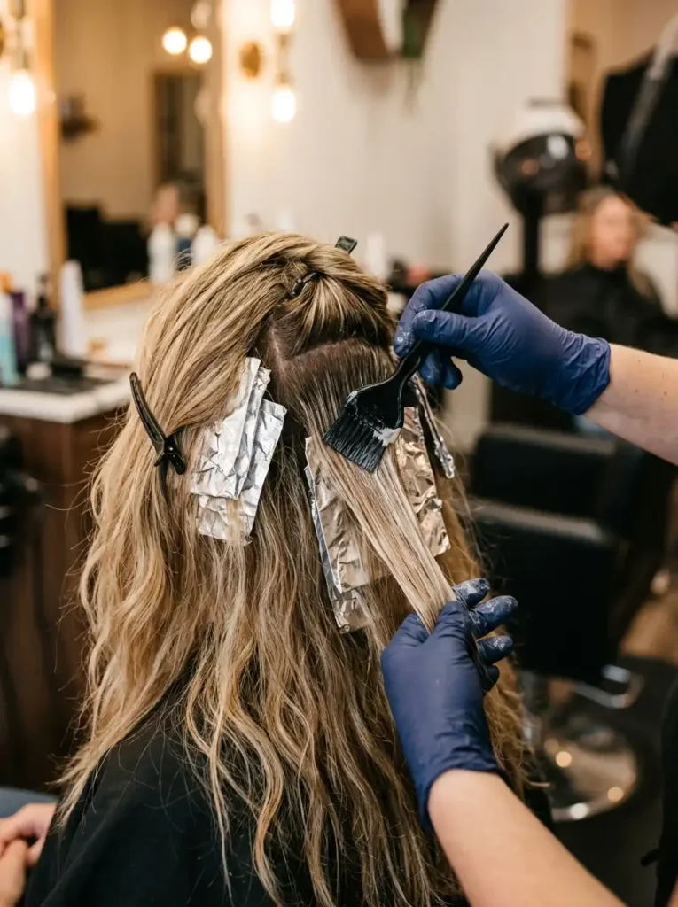 Colorist applying balayage highlights for dirty blonde hair transformation in salon