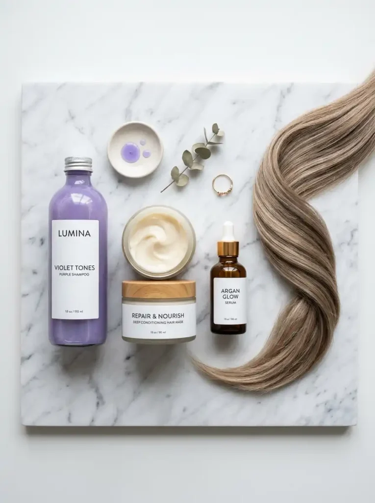 Purple shampoo and deep conditioning products for maintaining dirty blonde hair color vibrancy, dirty blonde hair
