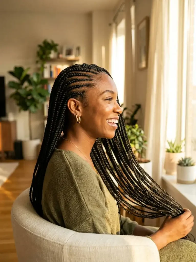 Trending tribal braids styles featuring clean cornrows in front individuals in back for maximum length and versatility