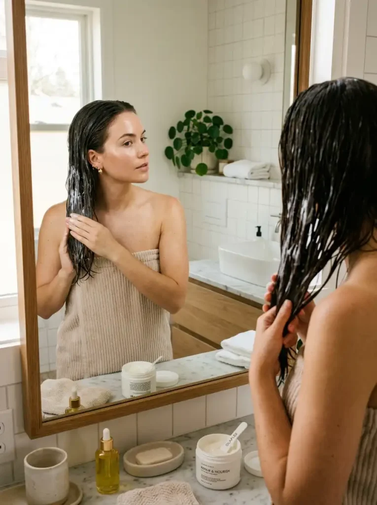 Woman applying a weekly protein hair mask to strengthen hair at home