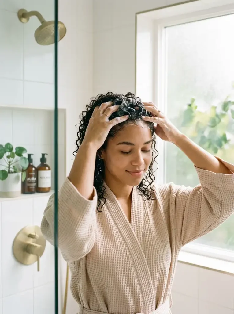 Woman gently washing hair to strengthen hair naturally with scalp massage