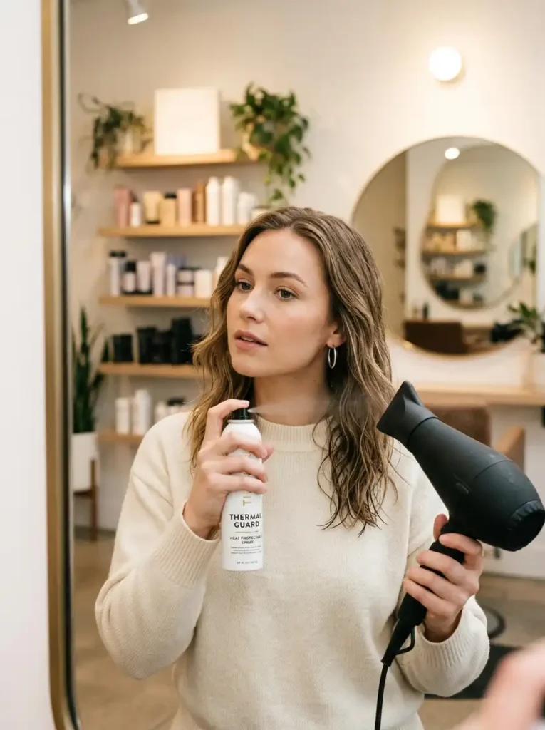 Applying heat protectant spray before blow drying to prevent heat damage and strengthen hair