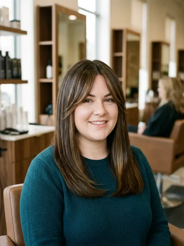Long layers with wispy bangs for round face - piece-y light fringe haircut