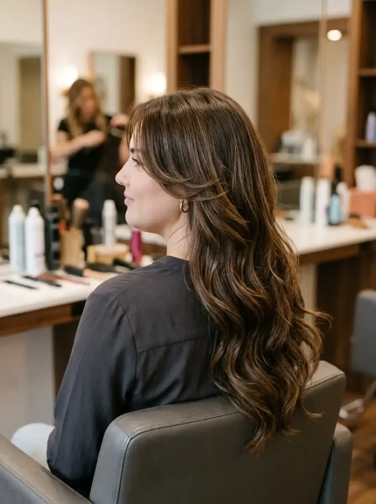 Long shag cut with curtain bangs for round face - modern textured layered haircut