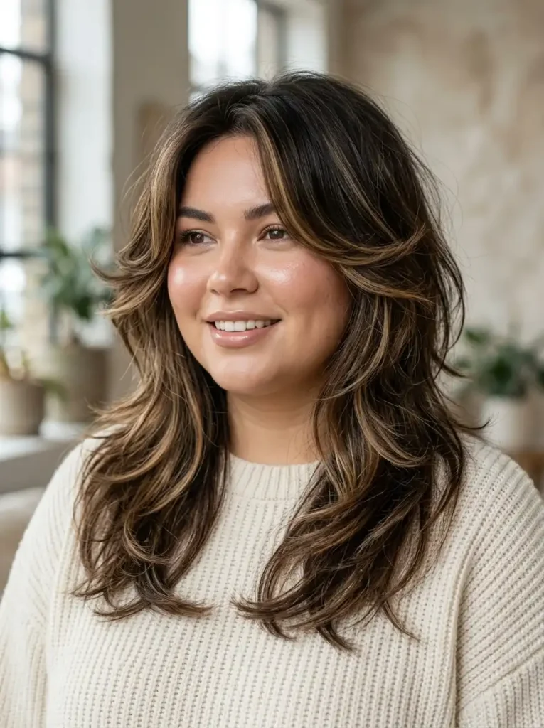 V-shaped layers for round face - long layered haircut from back showing V silhouette