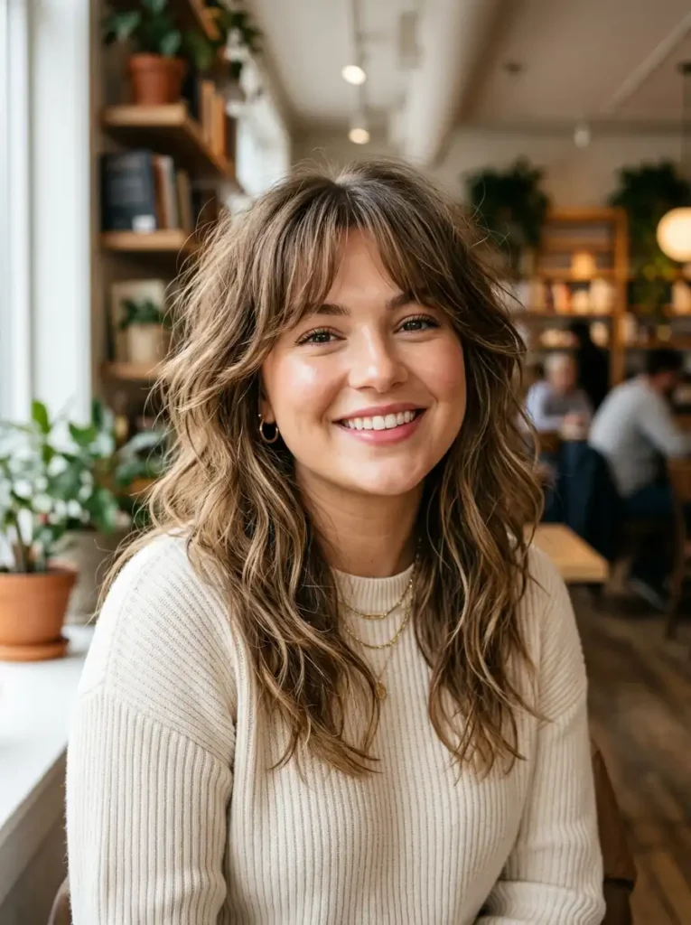 Soft feathered layers with side-swept bangs for chubby face - long layered haircut illustration