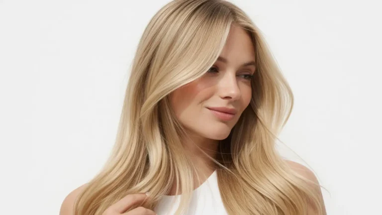 How to strengthen hair naturally - blonde woman with long healthy shiny hair on clean white background, beauty campaign style portrait