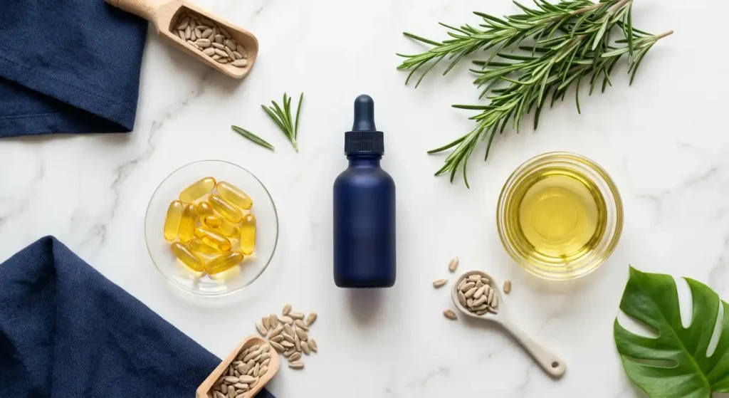 Navy Hair Care clean ingredients - rosemary oil, biotin, vitamin E and sunflower oil, sulfate-free formula