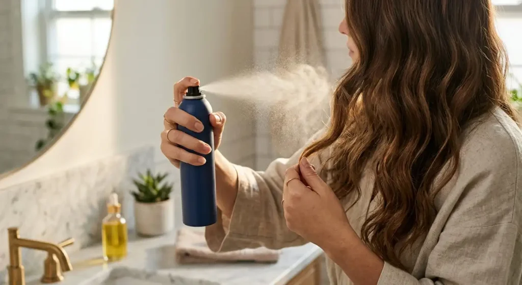 Applying Navy Hair Care Pebble Beach dry texture spray on wavy brunette hair for volume
