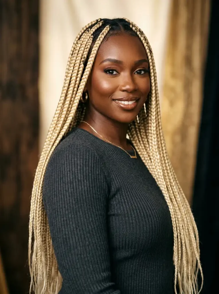 buttery blonde braids with warm platinum shade transitioning from dark roots to light ends