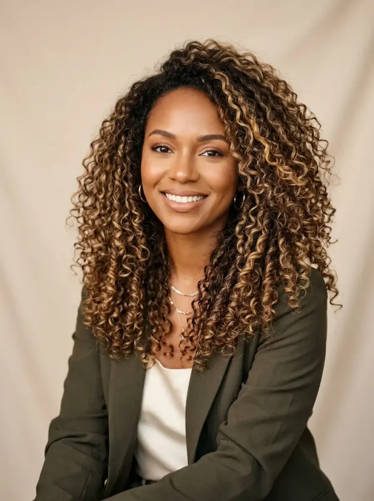 cappuccino cool hair color with caramel blonde highlights on curly hair with warm skin tone