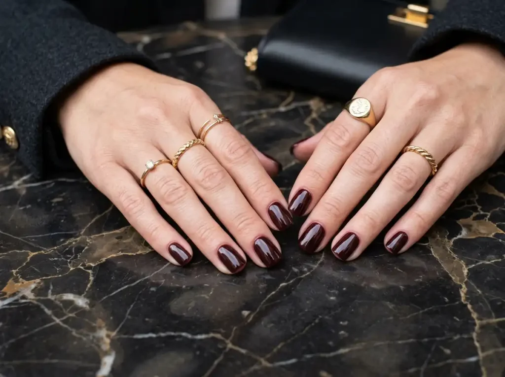 Sultry cherry cola variation of dark nail polish colors.