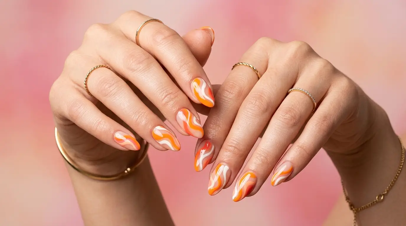 Creative spring nail designs with abstract orange and white wavy patterns on a soft pink background, high-end editorial beauty photography.