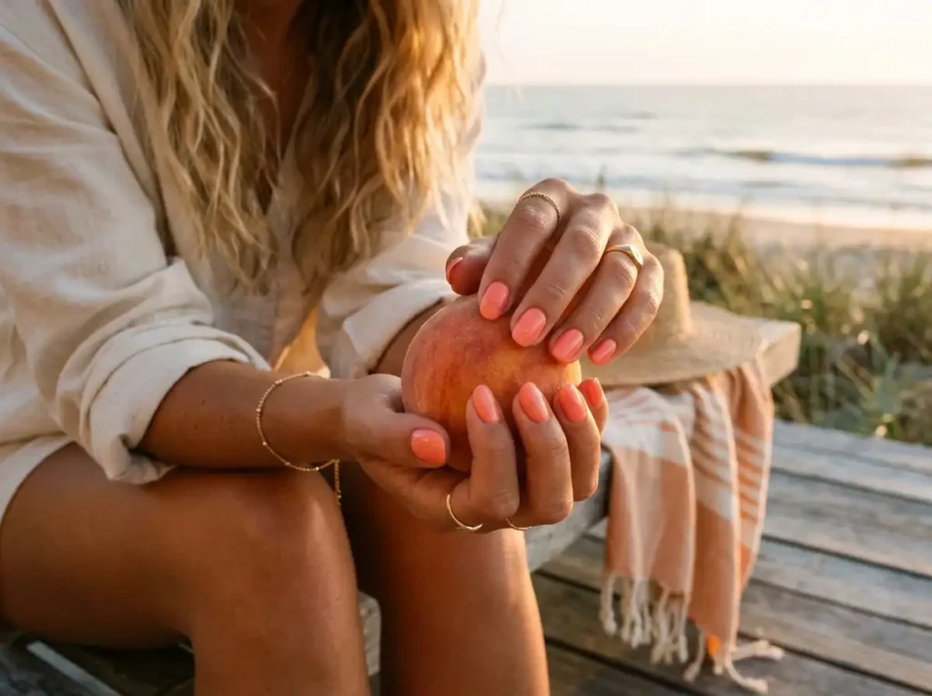 Peachy coral shade in warm-weather nail polish colors.