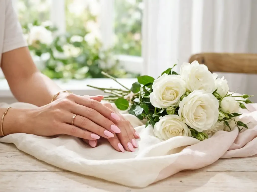Soft pink pastel shade in summer nail polish colors.