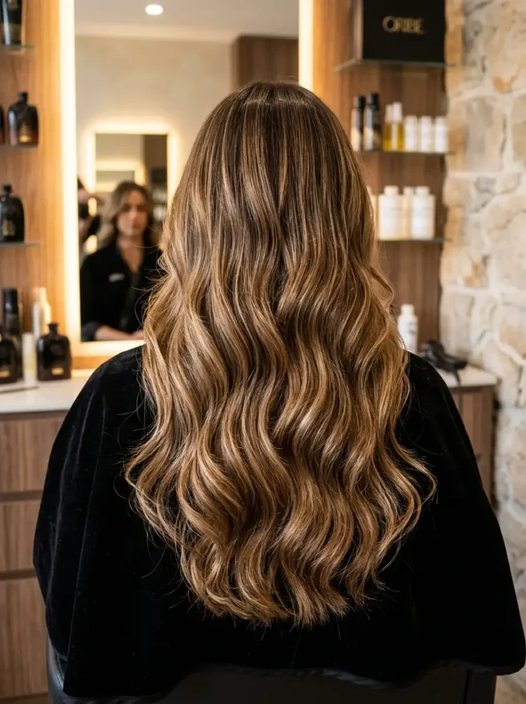 Stunning honey brown balayage on long wavy hair