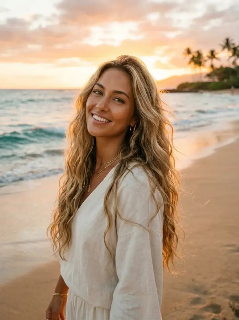 golden sand blonde hair color with sun-kissed warm neutral tones perfect for olive skin"