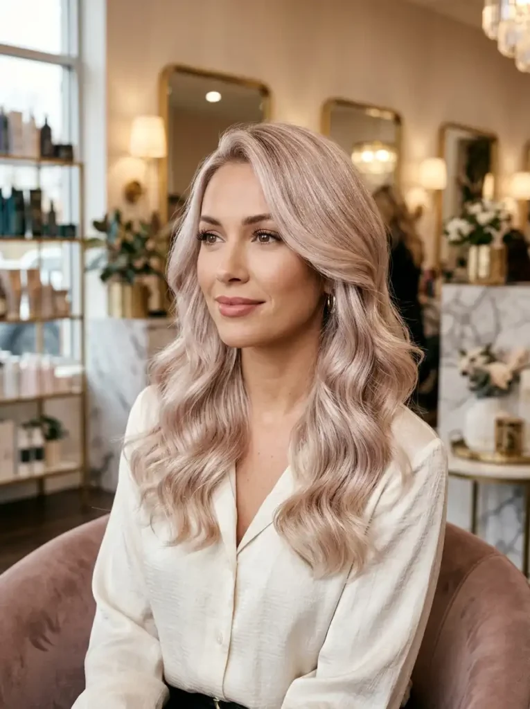 champagne blonde hair color with cool shimmering tones between platinum and strawberry blonde