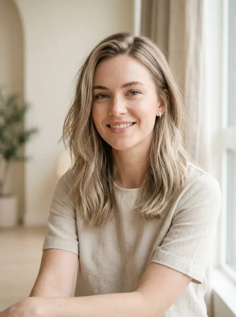 sandy bronde hair color blending blonde and brunette shades in natural loose waves