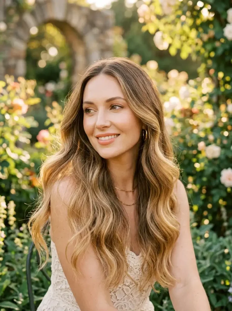 golden sombré hair color with soft ombré transition from brown roots to warm blonde ends