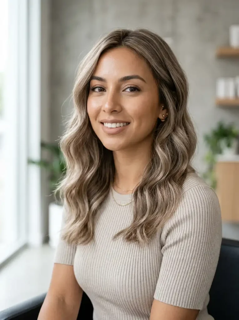 lighter mushroom blonde hair color with balanced ashy beige tones for olive skin