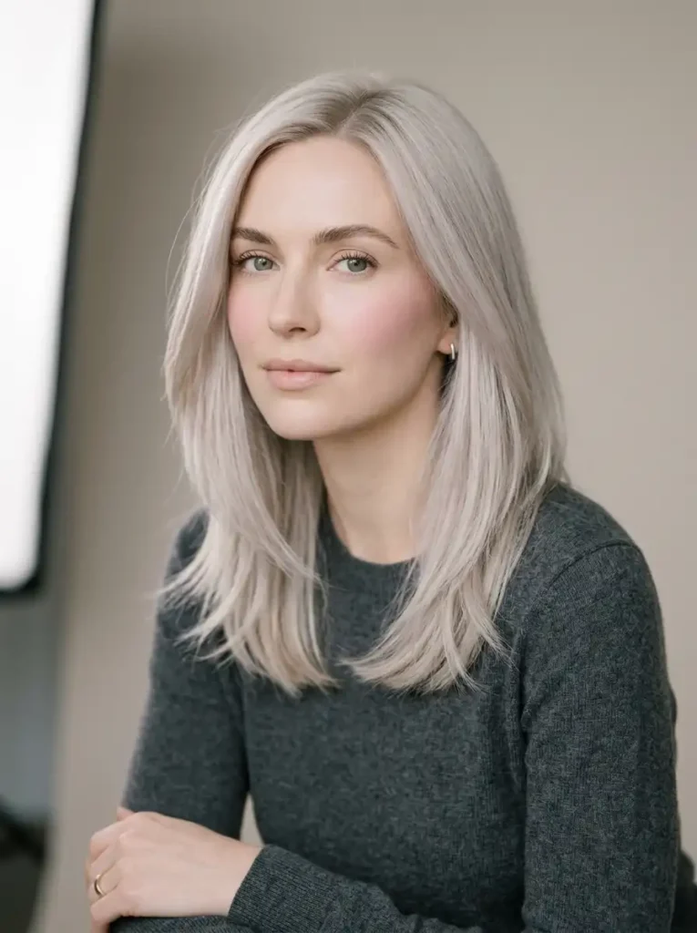 muted platinum blonde hair color on a woman with pale cool skin tone showing quiet luxury style"