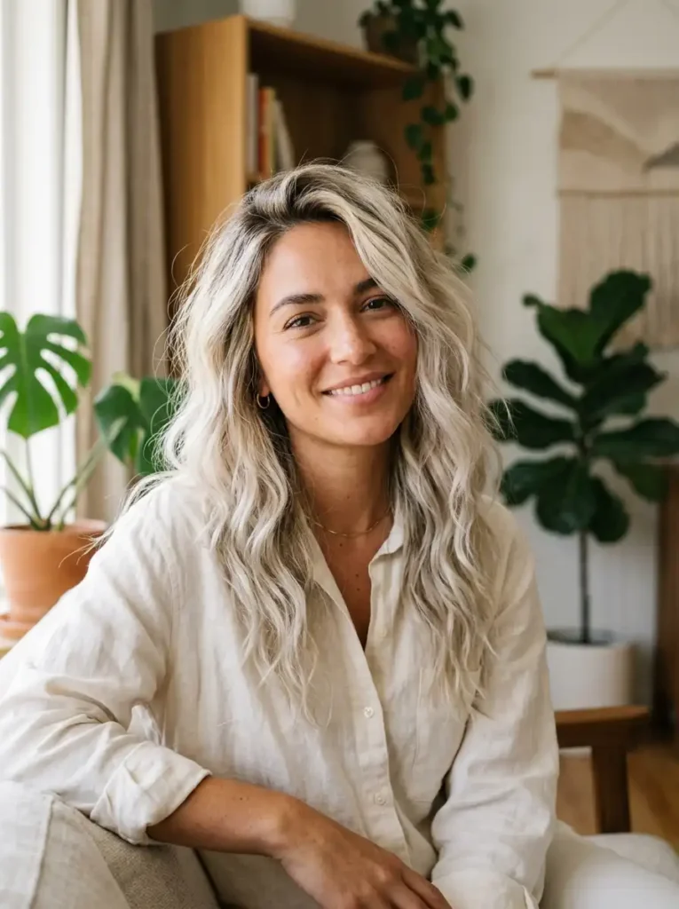 lived-in platinum blonde hair with dark roots blending into light blonde ends for low maintenance style