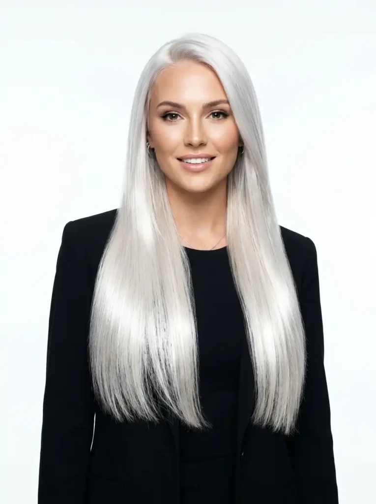 white platinum blonde hair color the lightest blonde shade with silver-white luminous finish