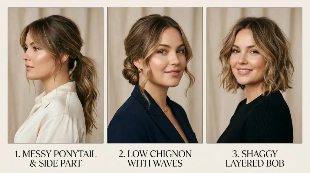 face slimming hairstyles messy ponytail low chignon for double chin